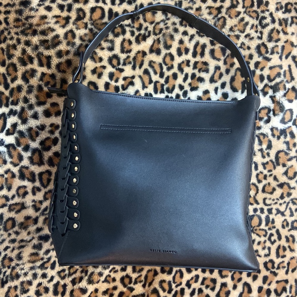 Melie Bianco Jamie Tote Saddle Brown Vegan Leather Shoulder Bag Black